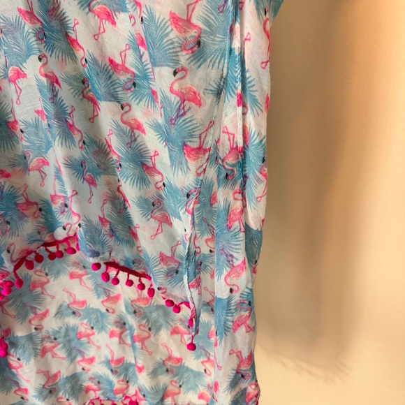 Flamingo Print Swim‎ Suit Cover Up w/ Pom Poms One Size RN 86183 - Picture 8 of 10